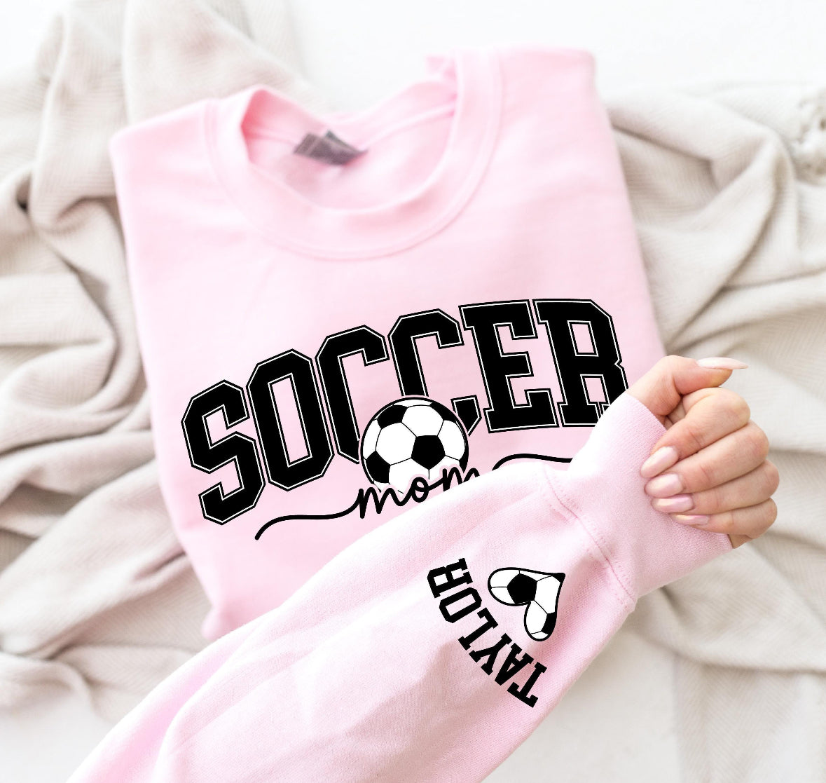 Personalize Soccer Mom Kids Name on Sleeve crewneck in Black