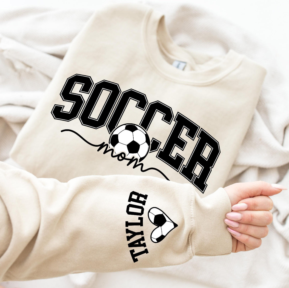 Personalize Soccer Mom Kids Name on Sleeve crewneck in Black