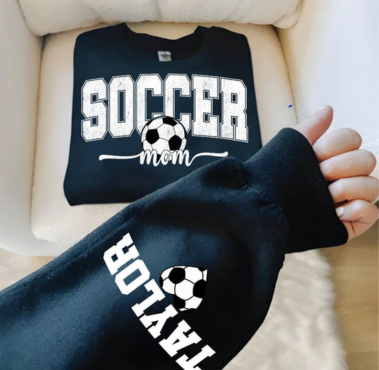 Personalize Soccer Mom Kids Name on Sleeve crewneck in White